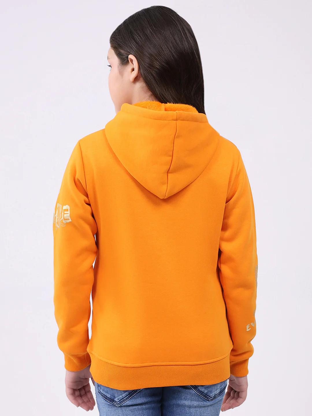Girls Orange Printed Hooded Full Sleeve Sweatshirt - Image 5