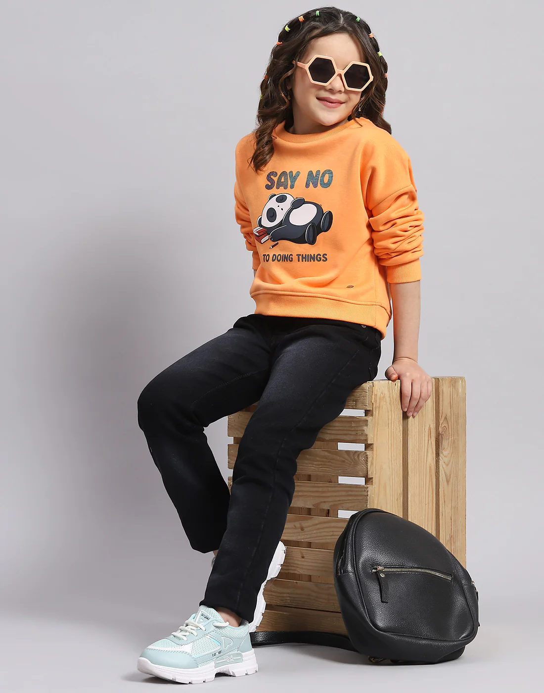 Girls Orange Printed Round Neck Full Sleeve Sweatshirt - Image 2