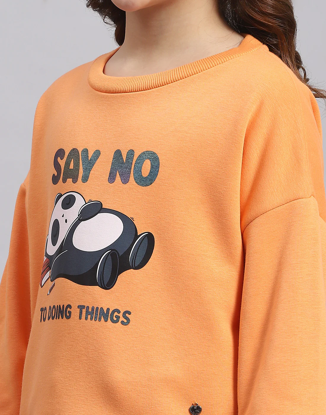 Girls Orange Printed Round Neck Full Sleeve Sweatshirt - Image 7