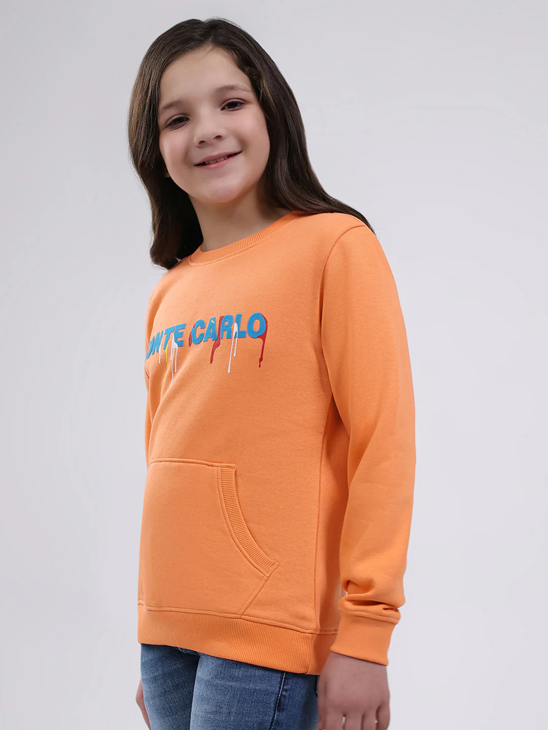 Girls Orange Printed Round Neck Full Sleeve Sweatshirt - Image 3