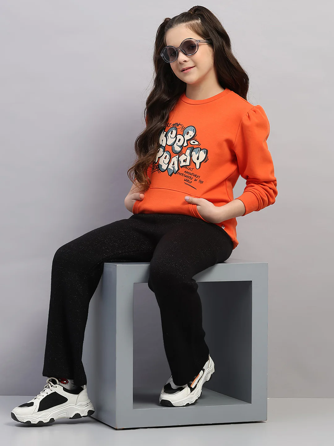 Girls Orange Printed Round Neck Full Sleeve Sweatshirt - Image 2