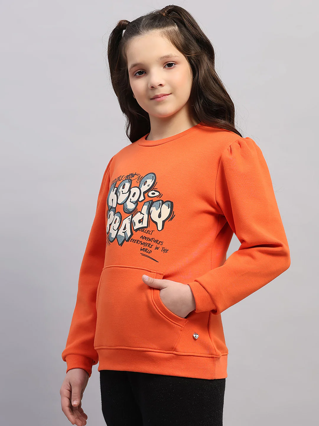 Girls Orange Printed Round Neck Full Sleeve Sweatshirt - Image 3