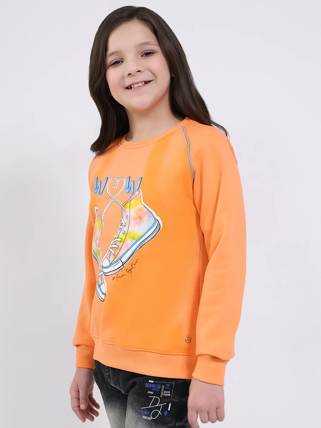 Girls Orange Printed Round Neck Full Sleeve Sweatshirt - Image 3