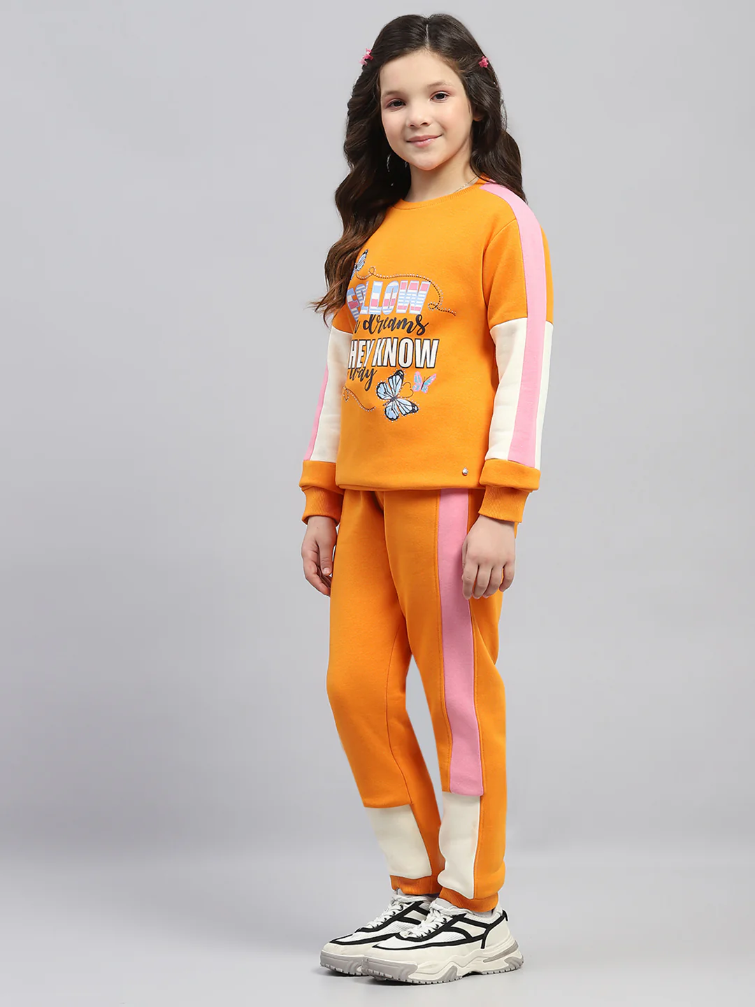 Girls Orange Printed Round Neck Full Sleeve Tracksuit - Image 3
