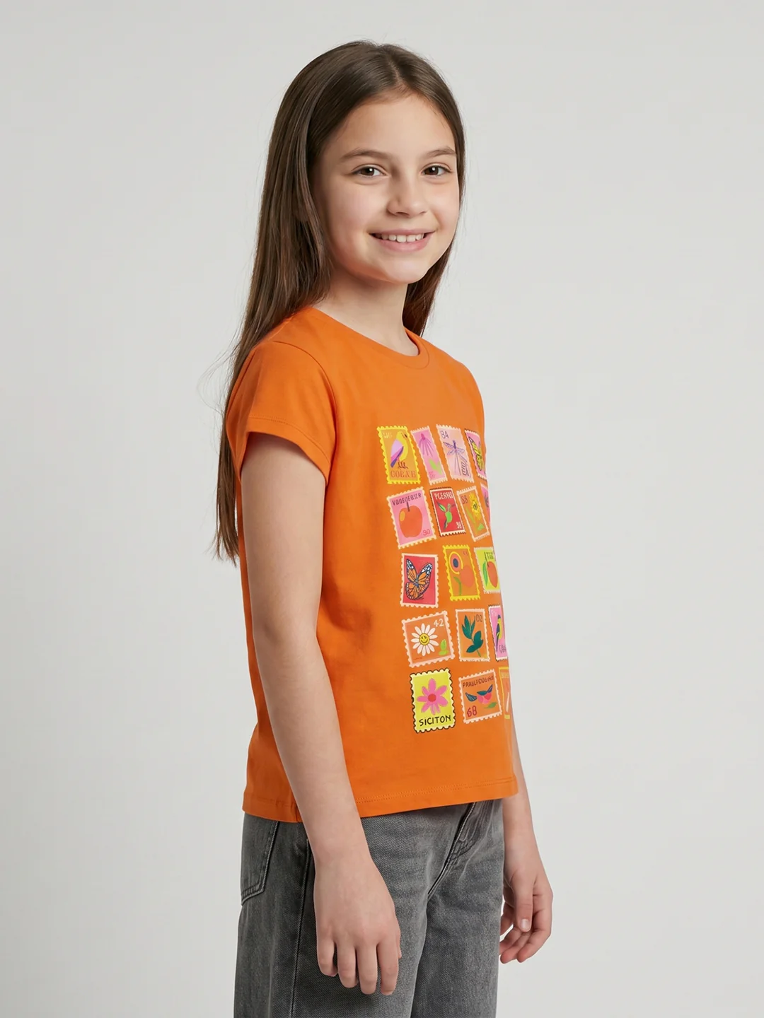 Girls Orange Printed Round Neck Half Sleeve Top - Image 2
