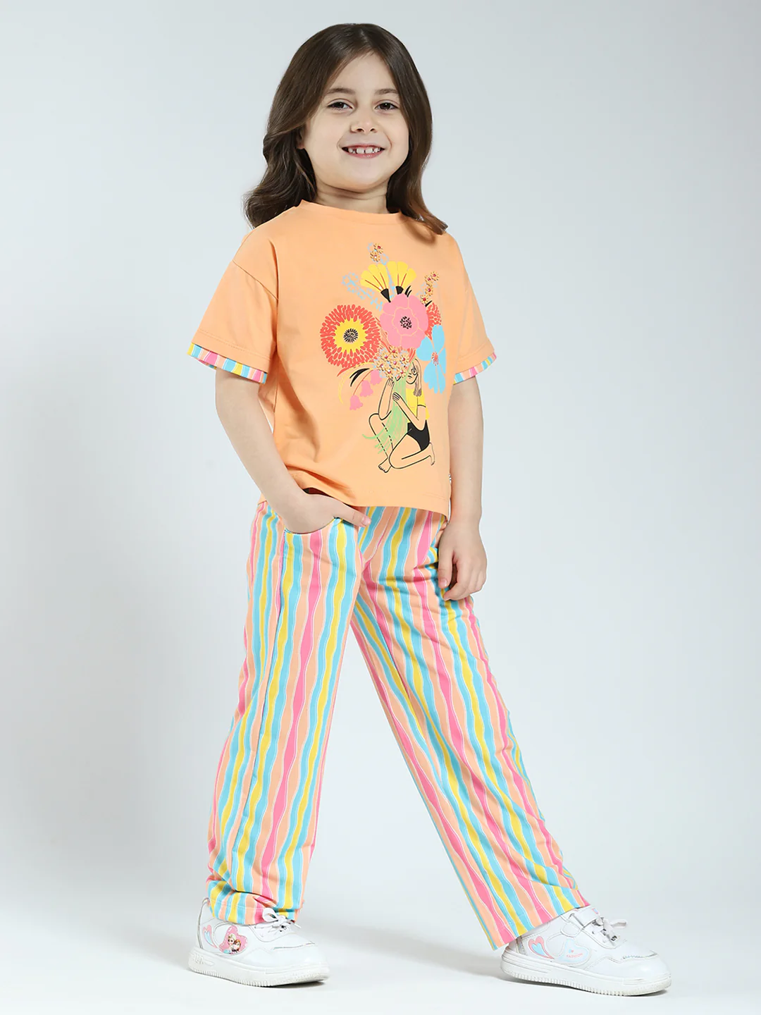 Girls Orange Printed Round Neck Half Sleeve Lower Set - Image 4