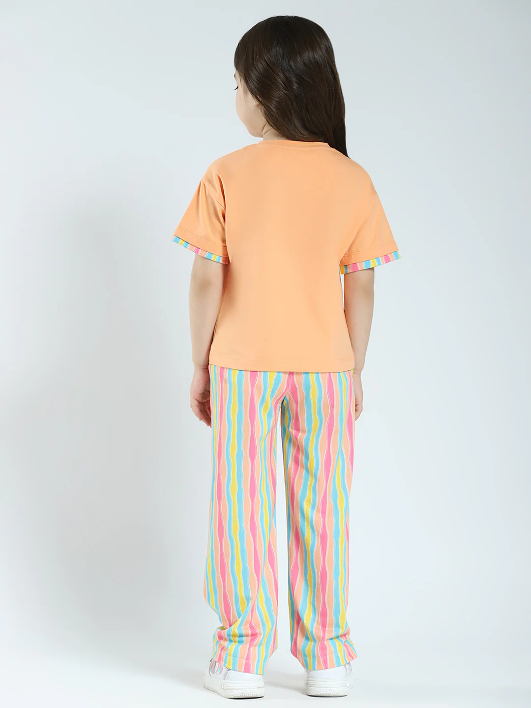 Girls Orange Printed Round Neck Half Sleeve Lower Set - Image 5