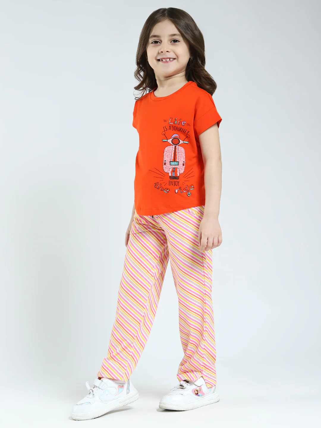 Girls Orange Printed Round Neck Half Sleeve Lower Set - Image 3
