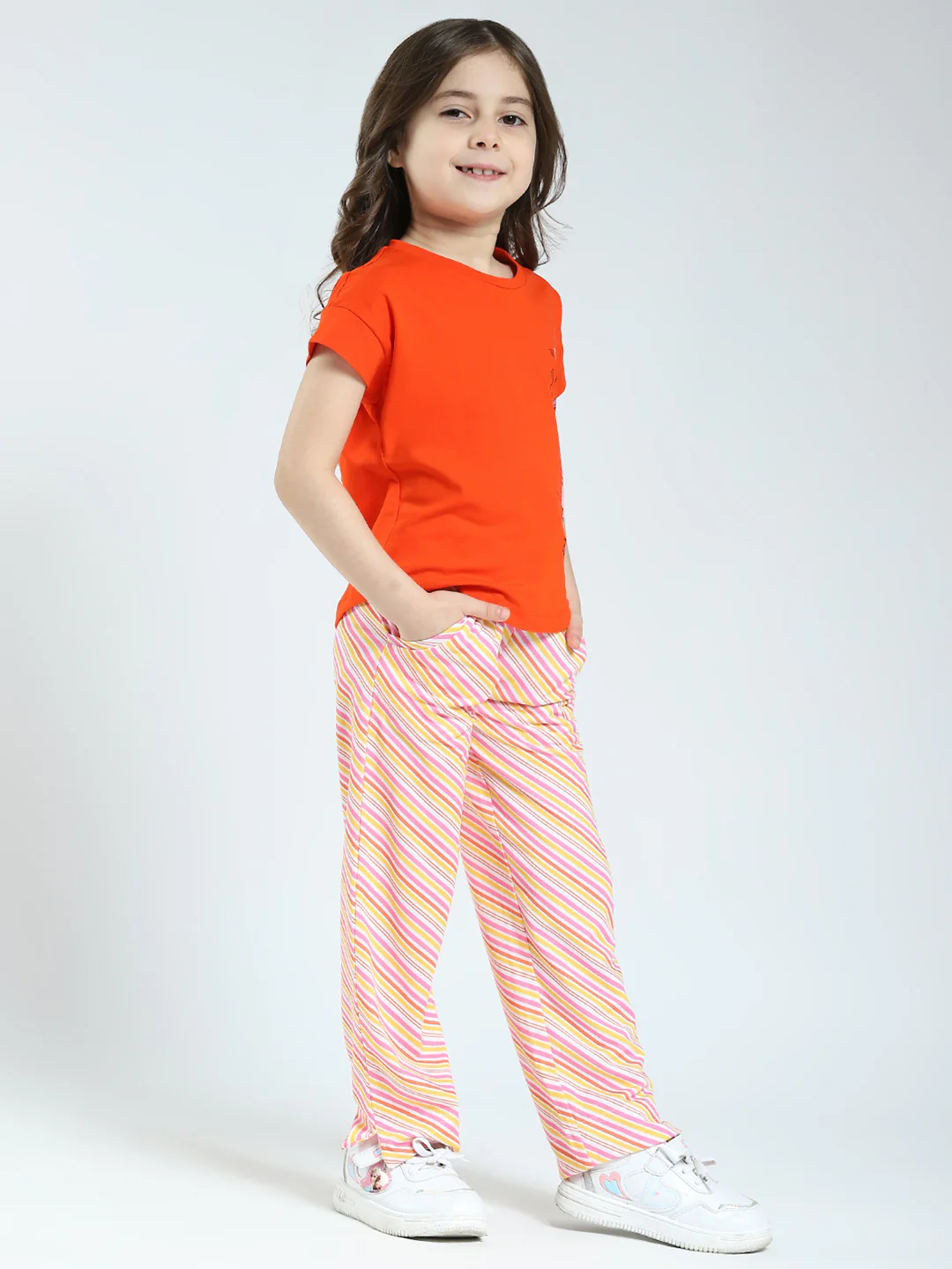 Girls Orange Printed Round Neck Half Sleeve Lower Set - Image 4