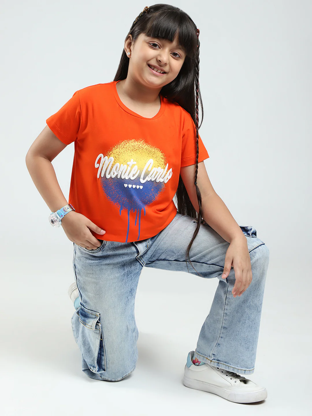 Girls Orange Printed Round Neck Half Sleeve Top - Image 2