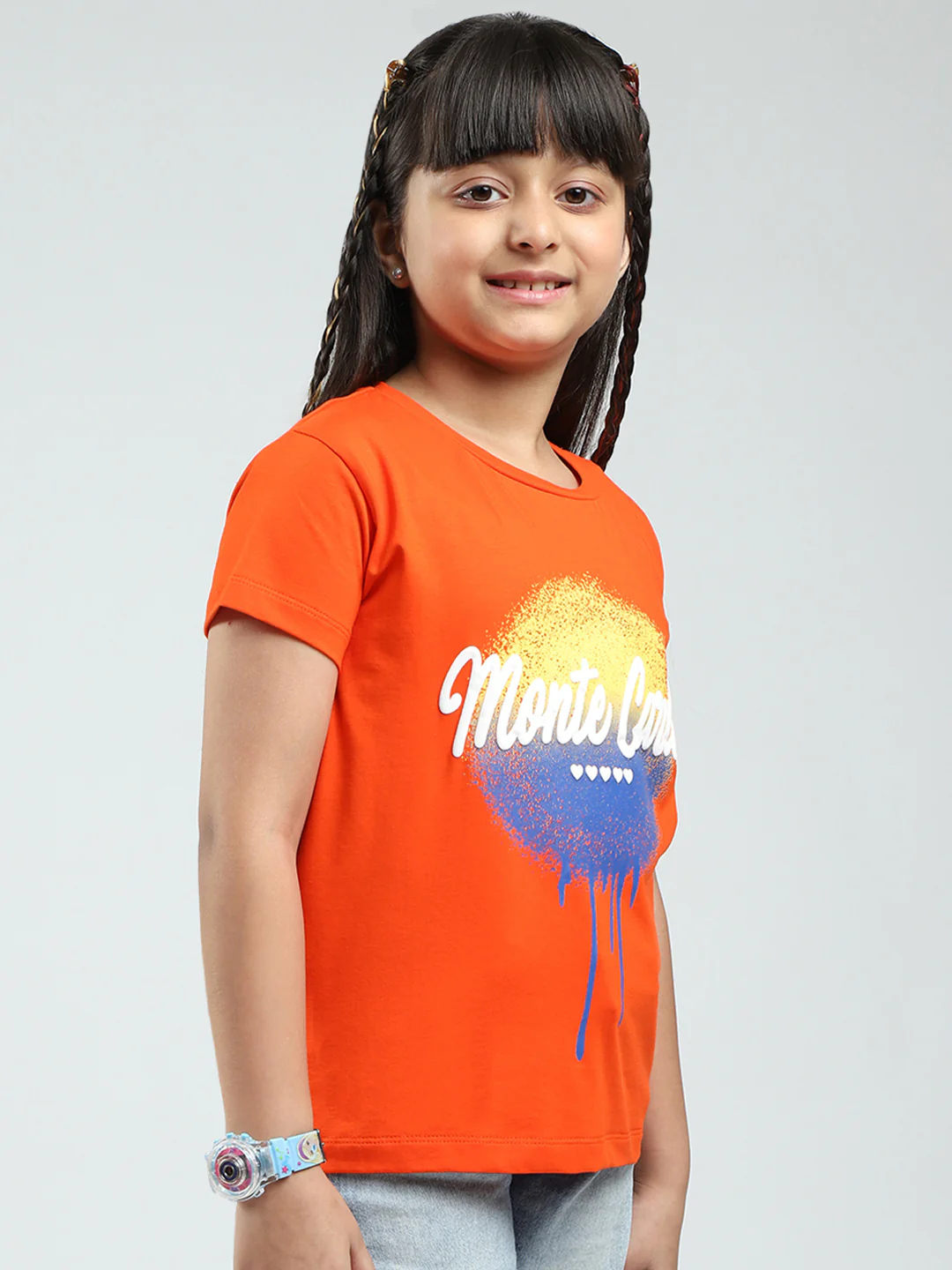 Girls Orange Printed Round Neck Half Sleeve Top - Image 4