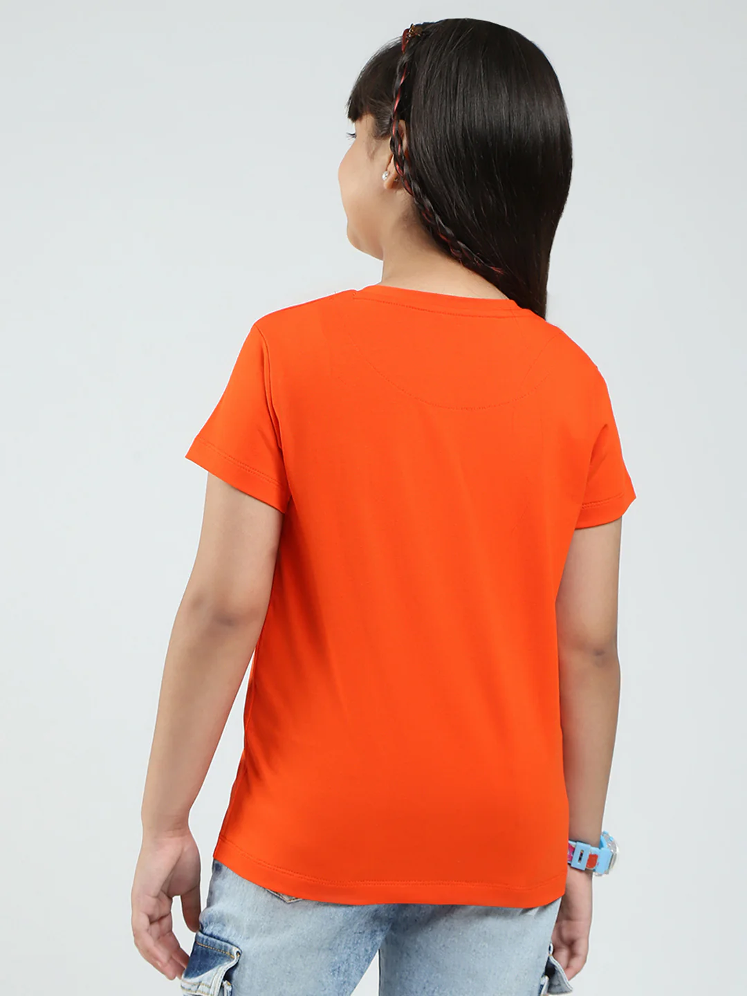Girls Orange Printed Round Neck Half Sleeve Top - Image 5