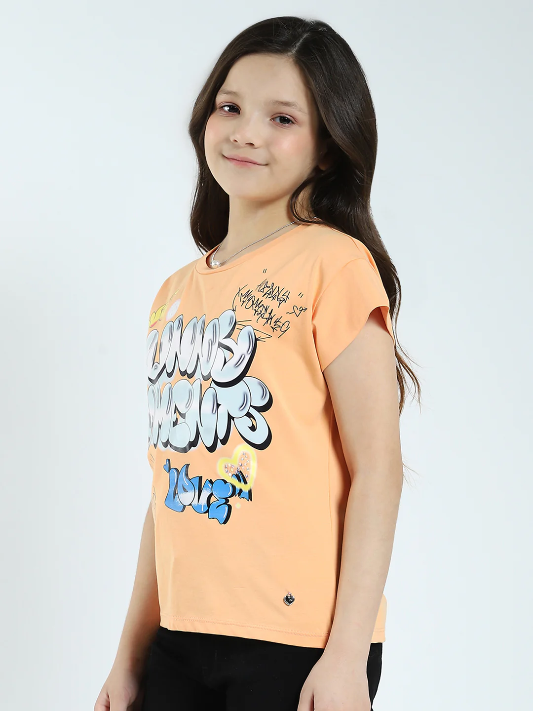 Girls Orange Printed Round Neck Half Sleeve Top - Image 3