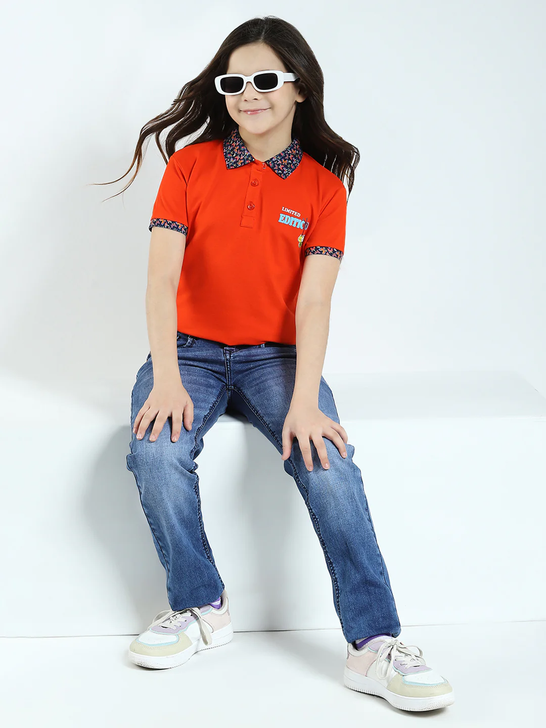 Girls Orange Solid Collar Half Sleeve T-Shirt - Image 2
