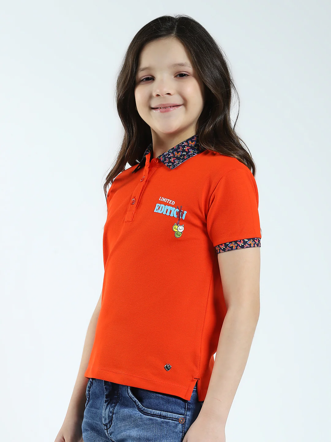 Girls Orange Solid Collar Half Sleeve T-Shirt - Image 3
