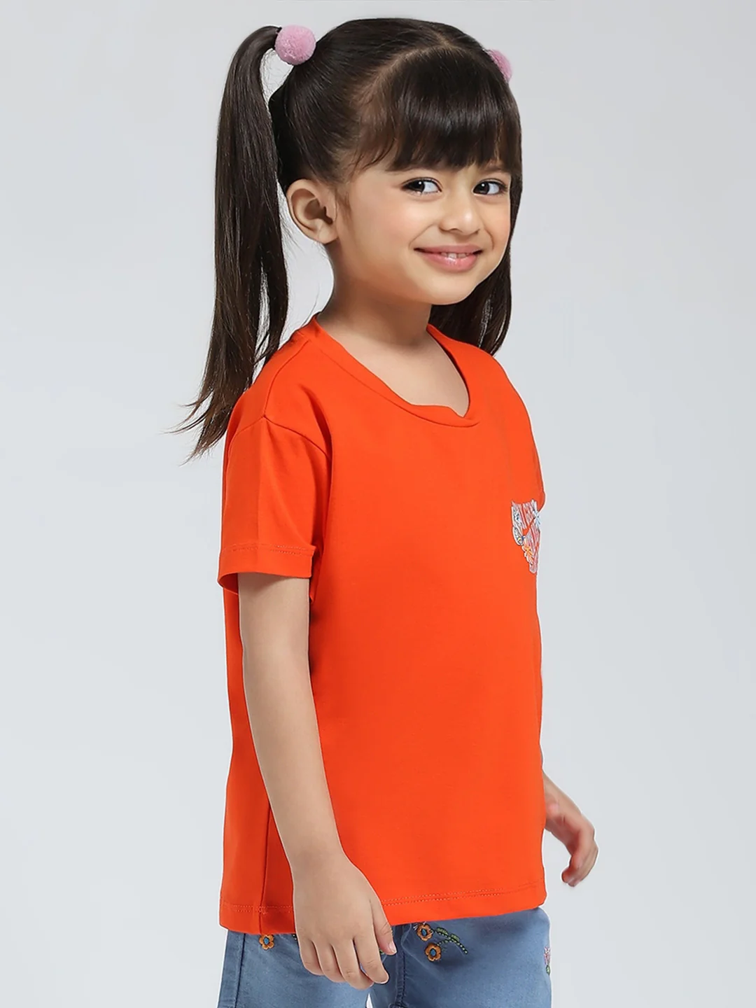Girls Orange Solid Round Neck Half Sleeve Top - Image 5
