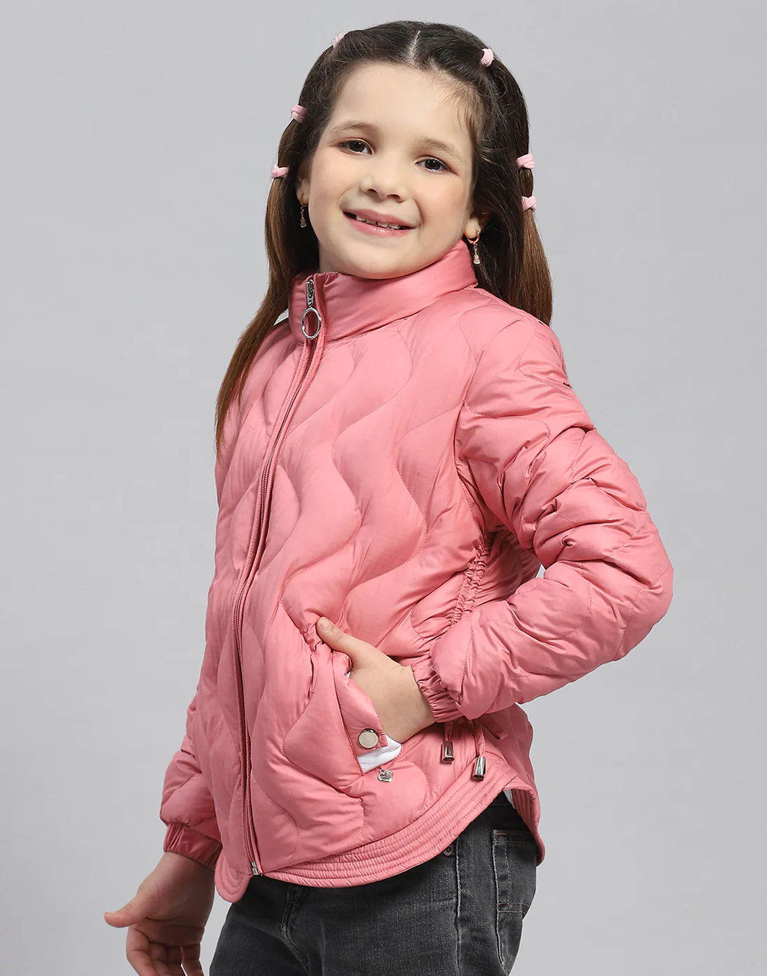 Girls Peach Check Stand Collar Full Sleeve Girls Jacket - Image 3