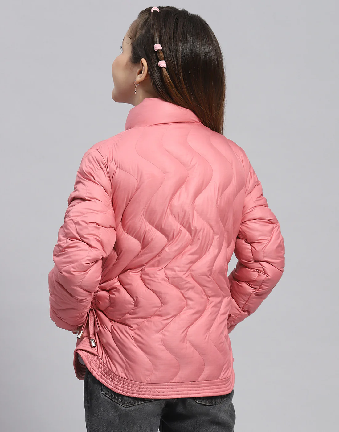 Girls Peach Check Stand Collar Full Sleeve Girls Jacket - Image 5