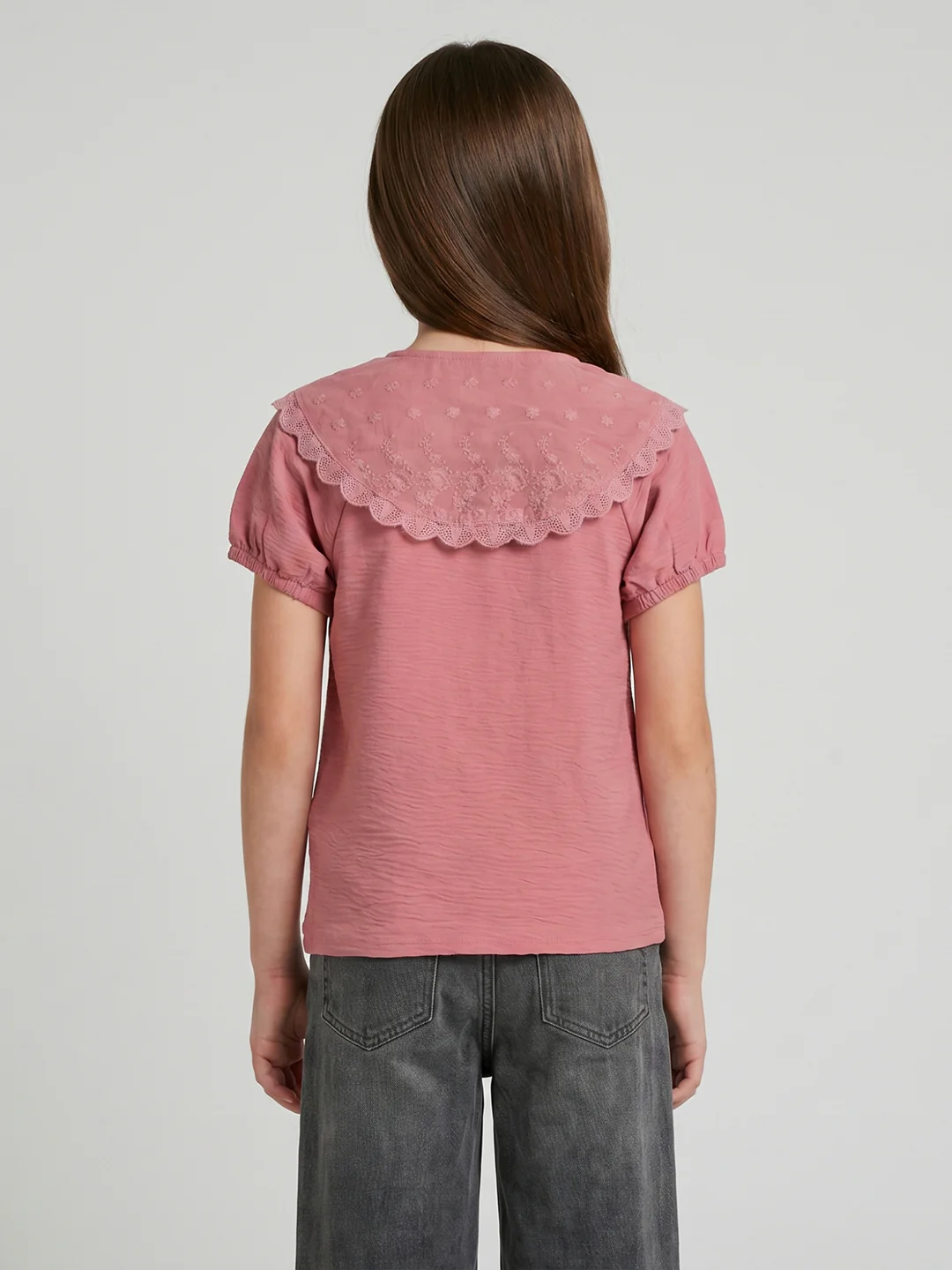 Girls Peach Embroidered Henley Neck Half Sleeve Top - Image 4