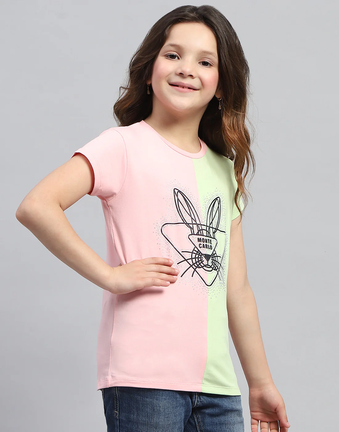Girls Peach & Green Printed Round Neck Half Sleeve Top - Image 4