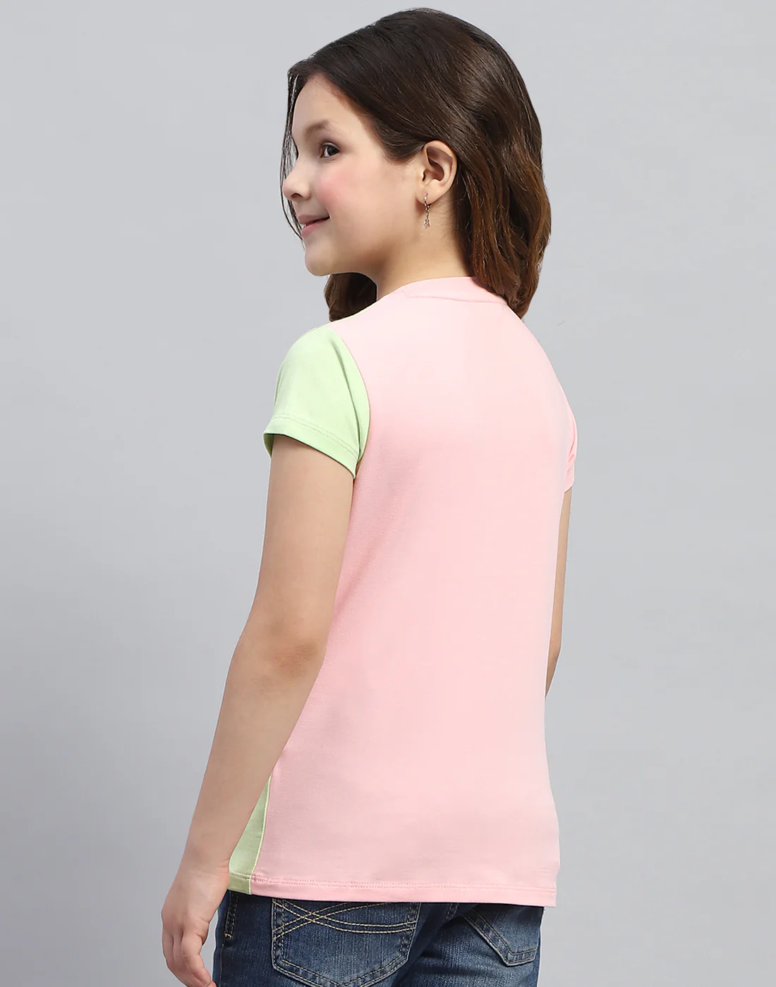 Girls Peach & Green Printed Round Neck Half Sleeve Top - Image 5