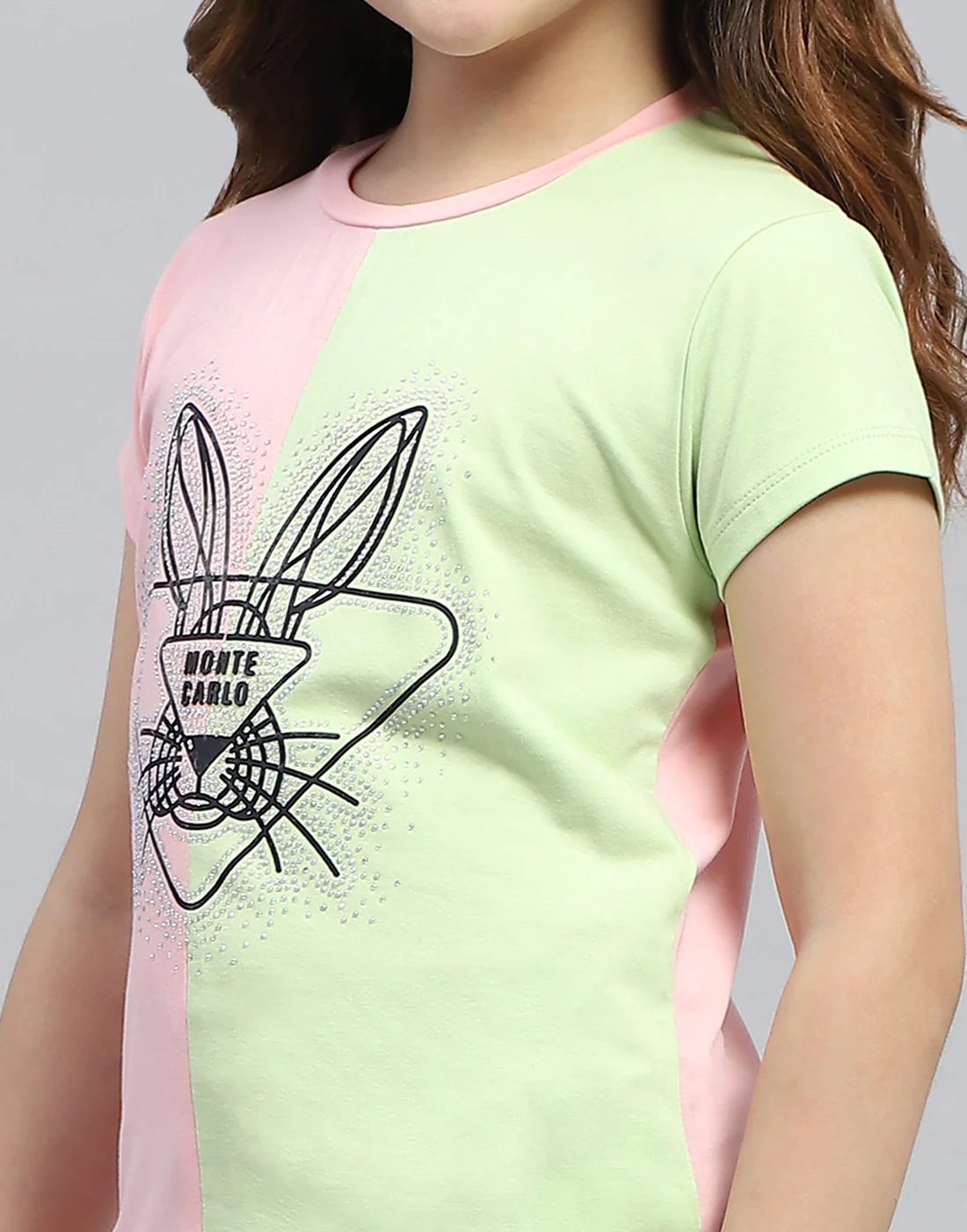 Girls Peach & Green Printed Round Neck Half Sleeve Top - Image 7