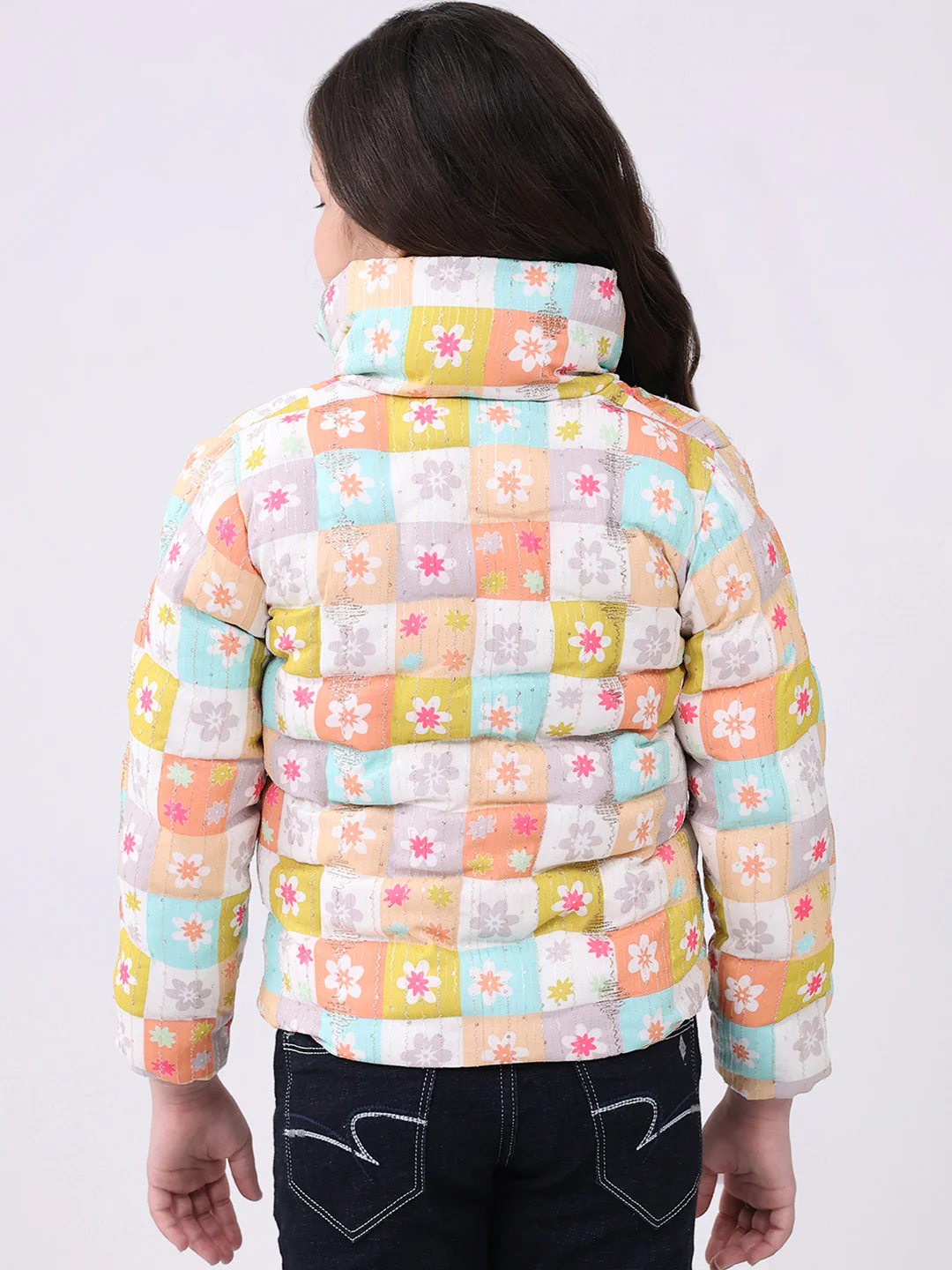 Girls Peach Printed Collar Full Sleeve Jacket - Image 5