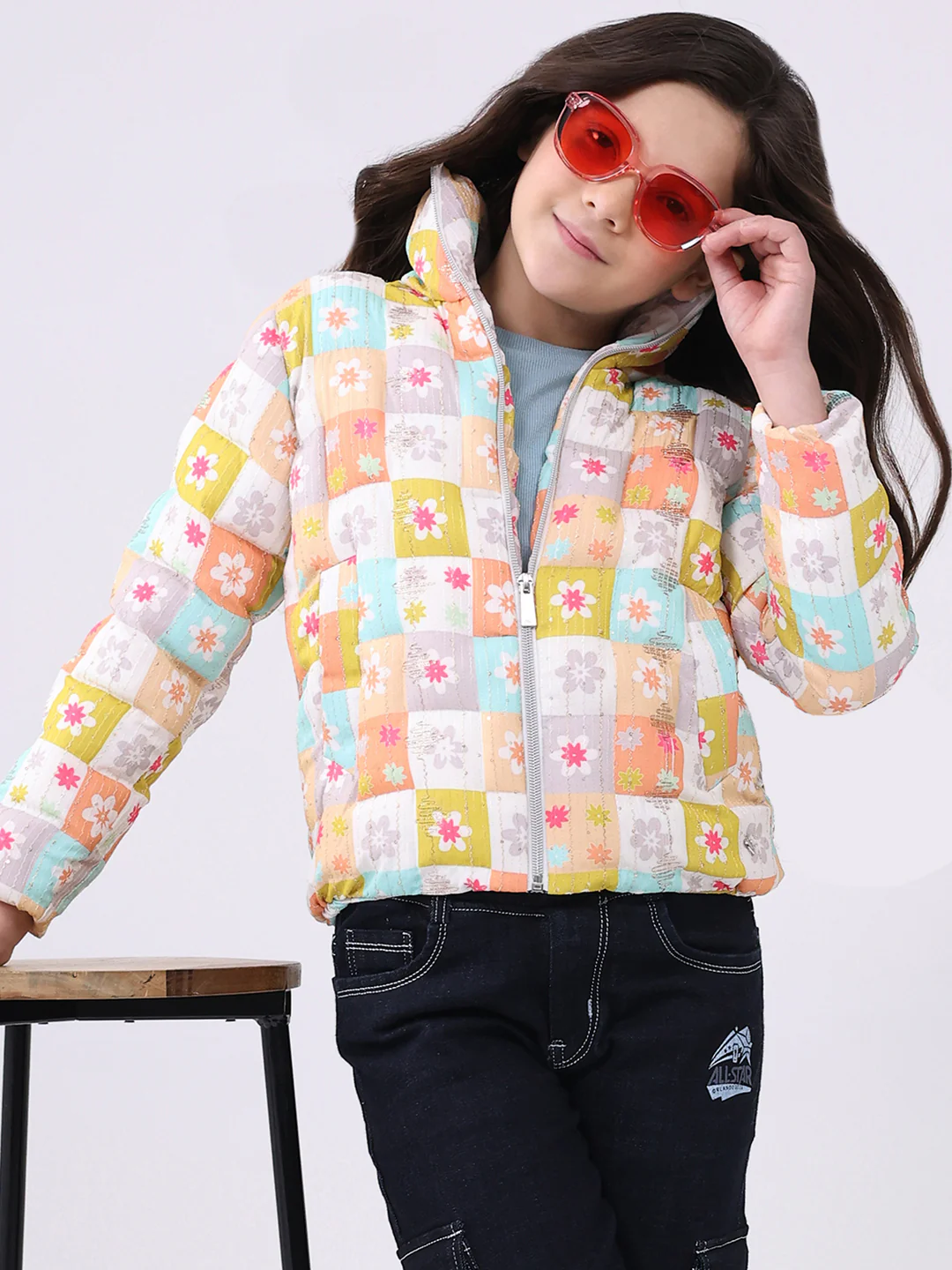 Girls Peach Printed Collar Full Sleeve Jacket - Image 6