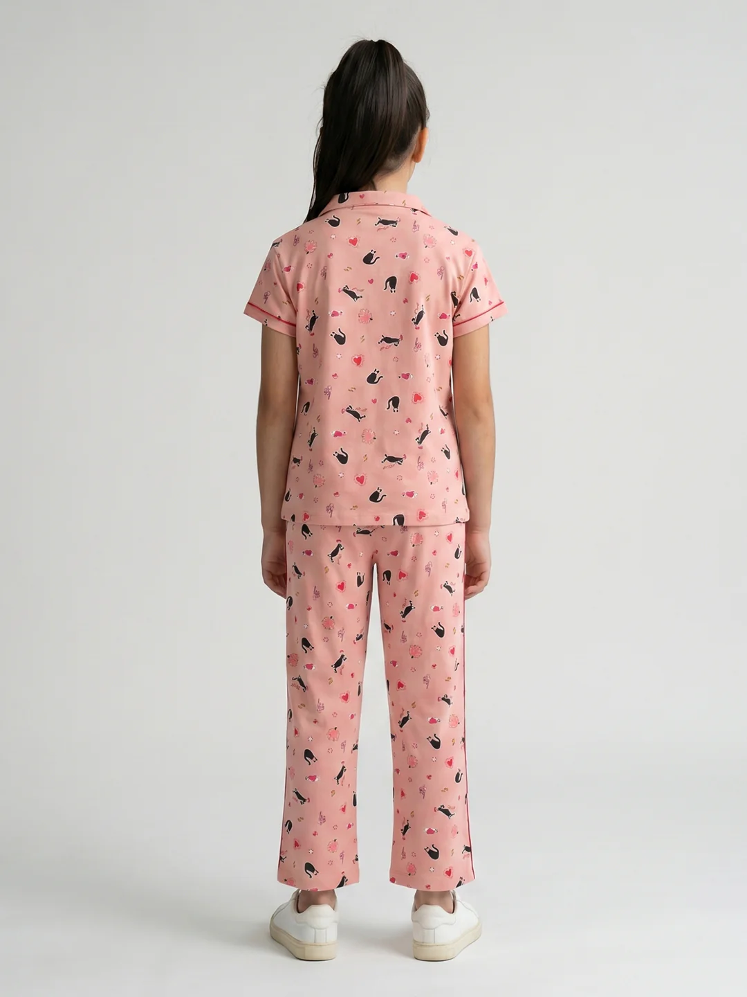 Girls Peach Printed Collar Half Sleeve Cords Set - Image 4