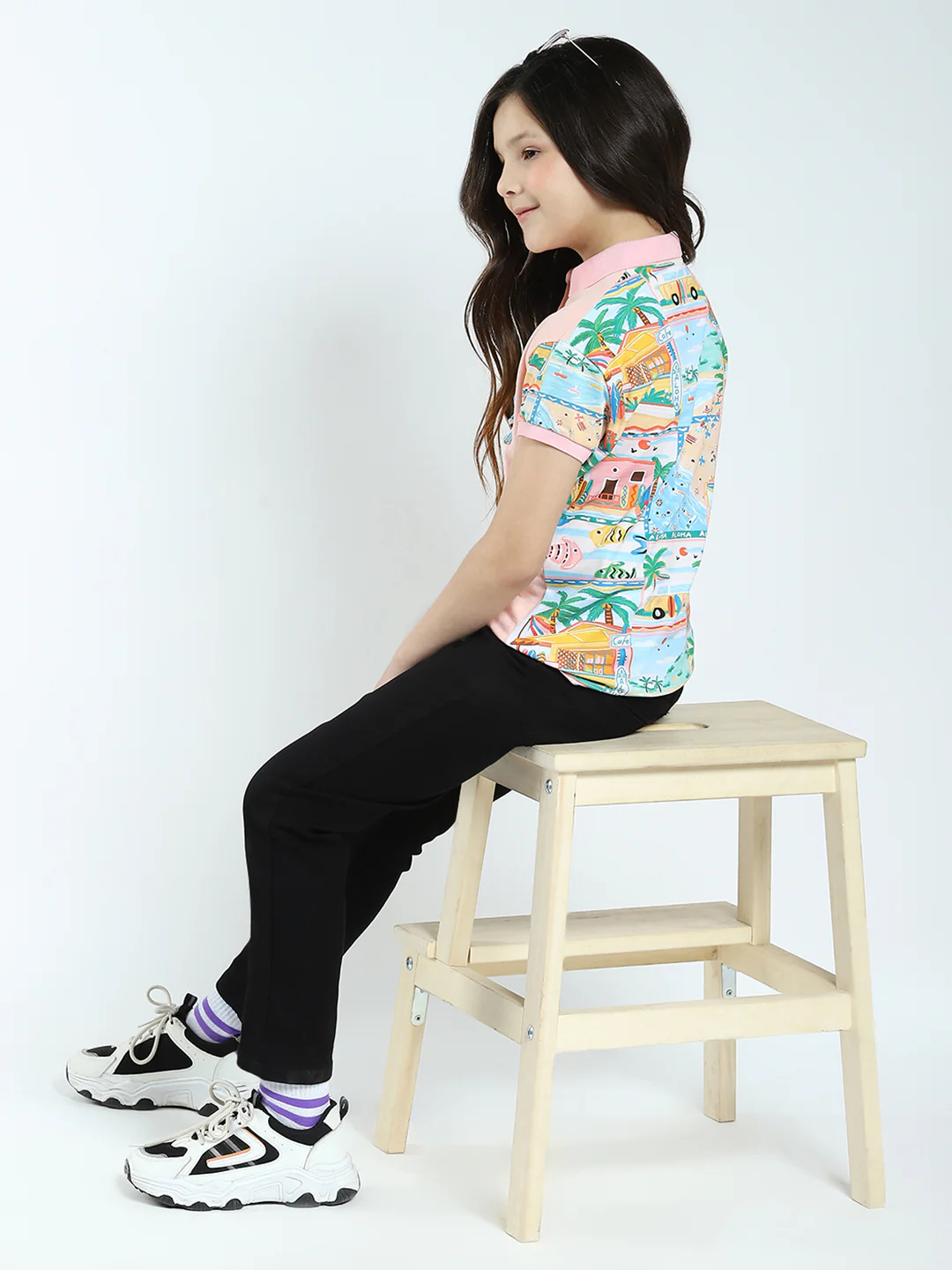 Girls Peach Printed Collar Half Sleeve T-Shirt - Image 2