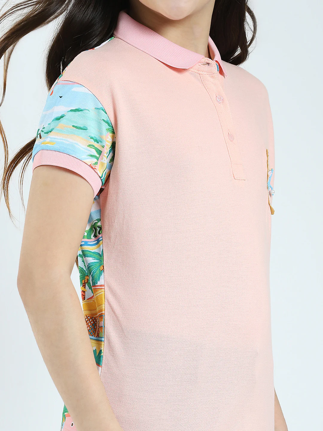 Girls Peach Printed Collar Half Sleeve T-Shirt - Image 6