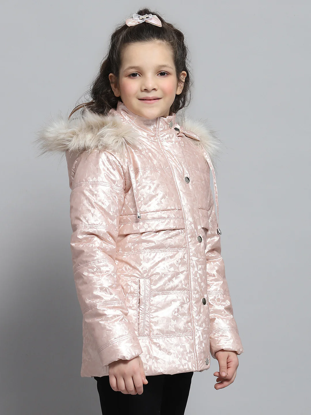 Girls Peach Printed Hooded Full Sleeve Jacket - Image 4