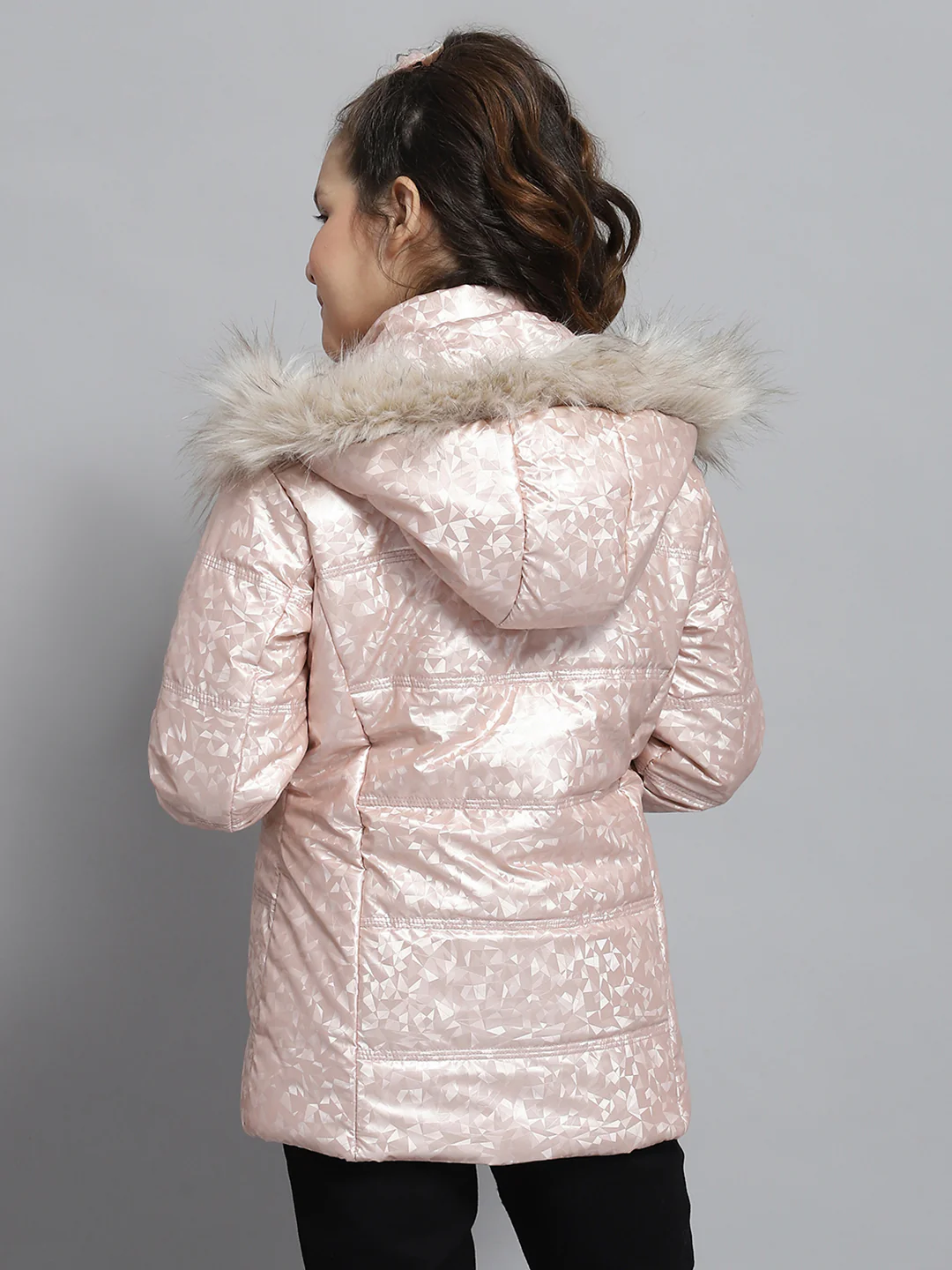 Girls Peach Printed Hooded Full Sleeve Jacket - Image 5