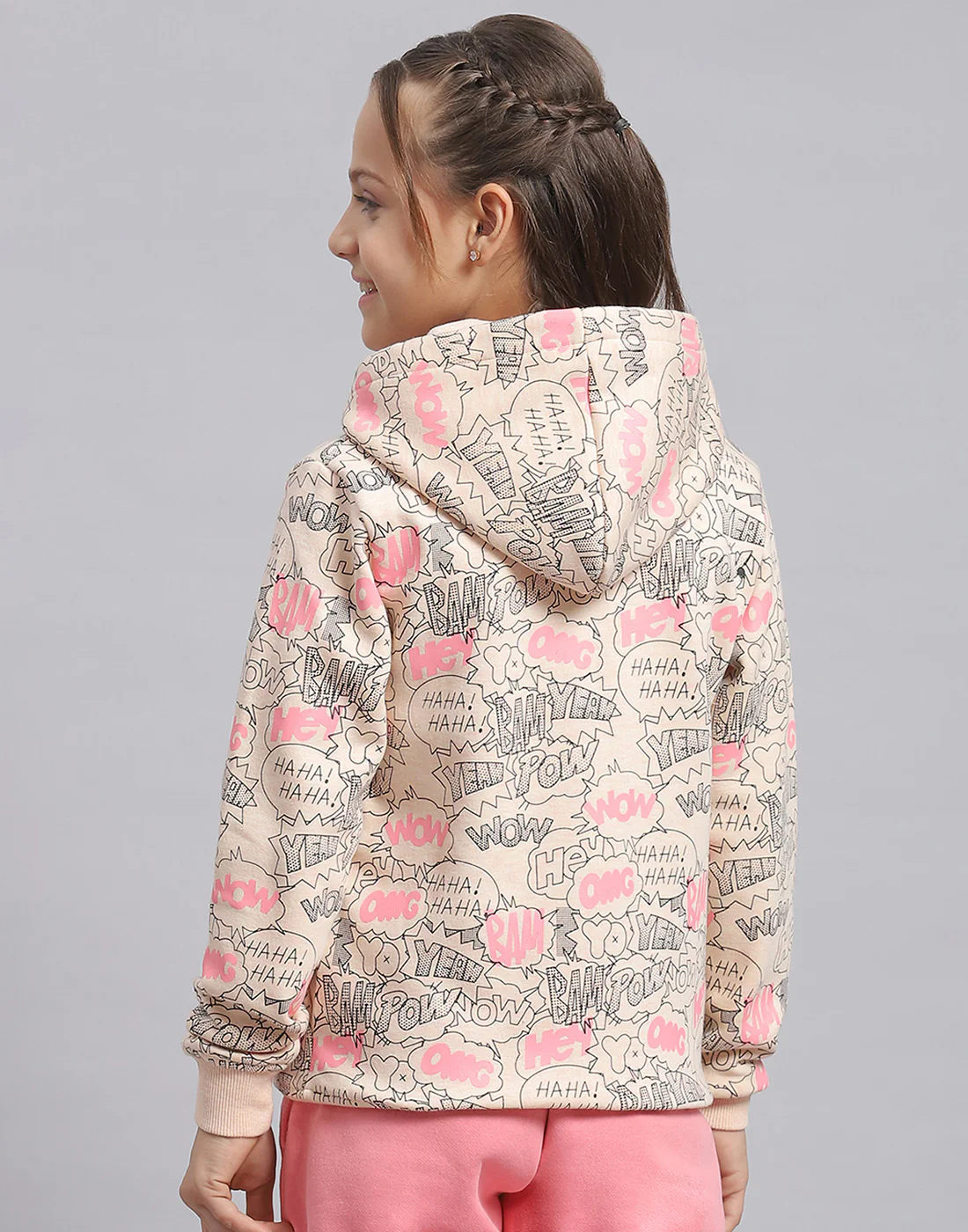 Girls Peach Printed Hooded Full Sleeve Sweatshirt - Image 6