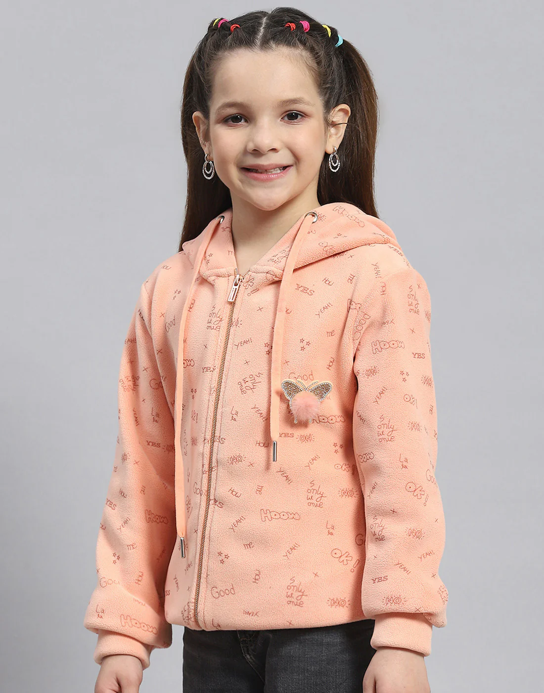 Girls Peach Printed Hooded Full Sleeve Sweatshirt - Image 3