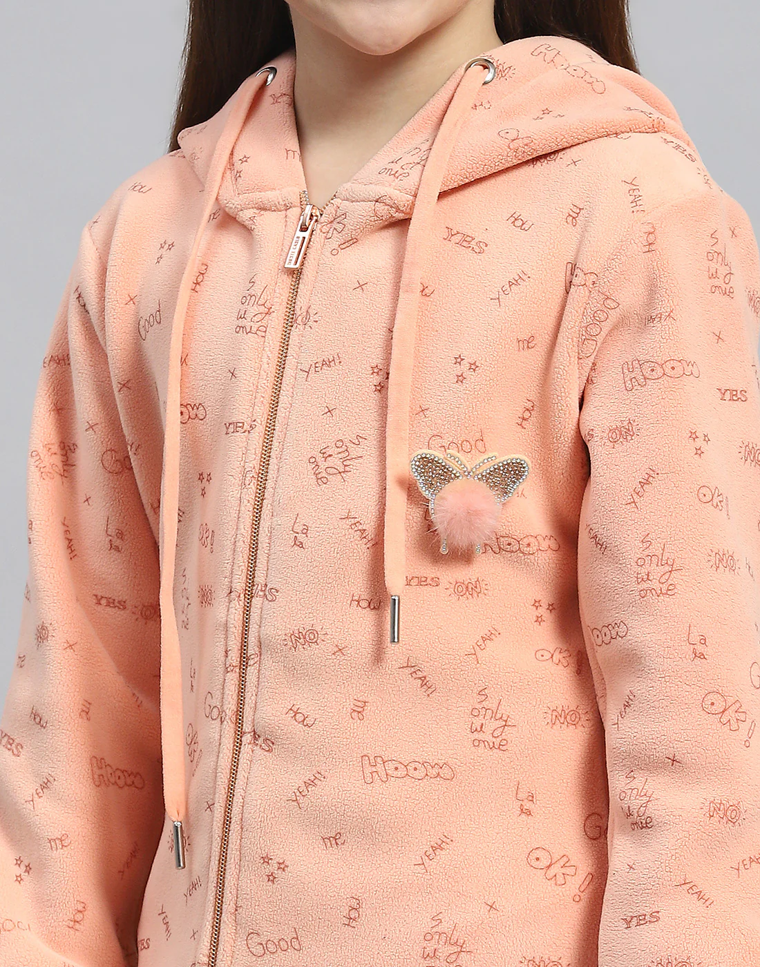 Girls Peach Printed Hooded Full Sleeve Sweatshirt - Image 7