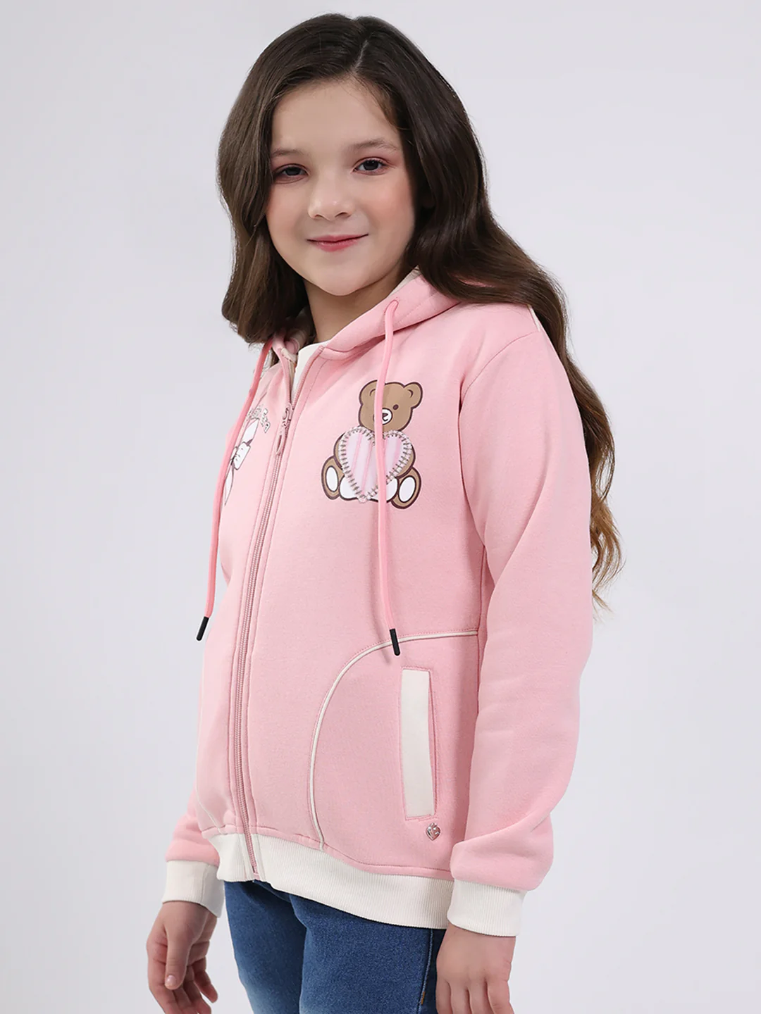 Girls Peach Printed Hooded Full Sleeve Sweatshirt - Image 3