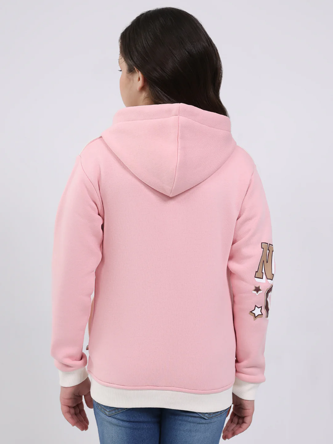 Girls Peach Printed Hooded Full Sleeve Sweatshirt - Image 5