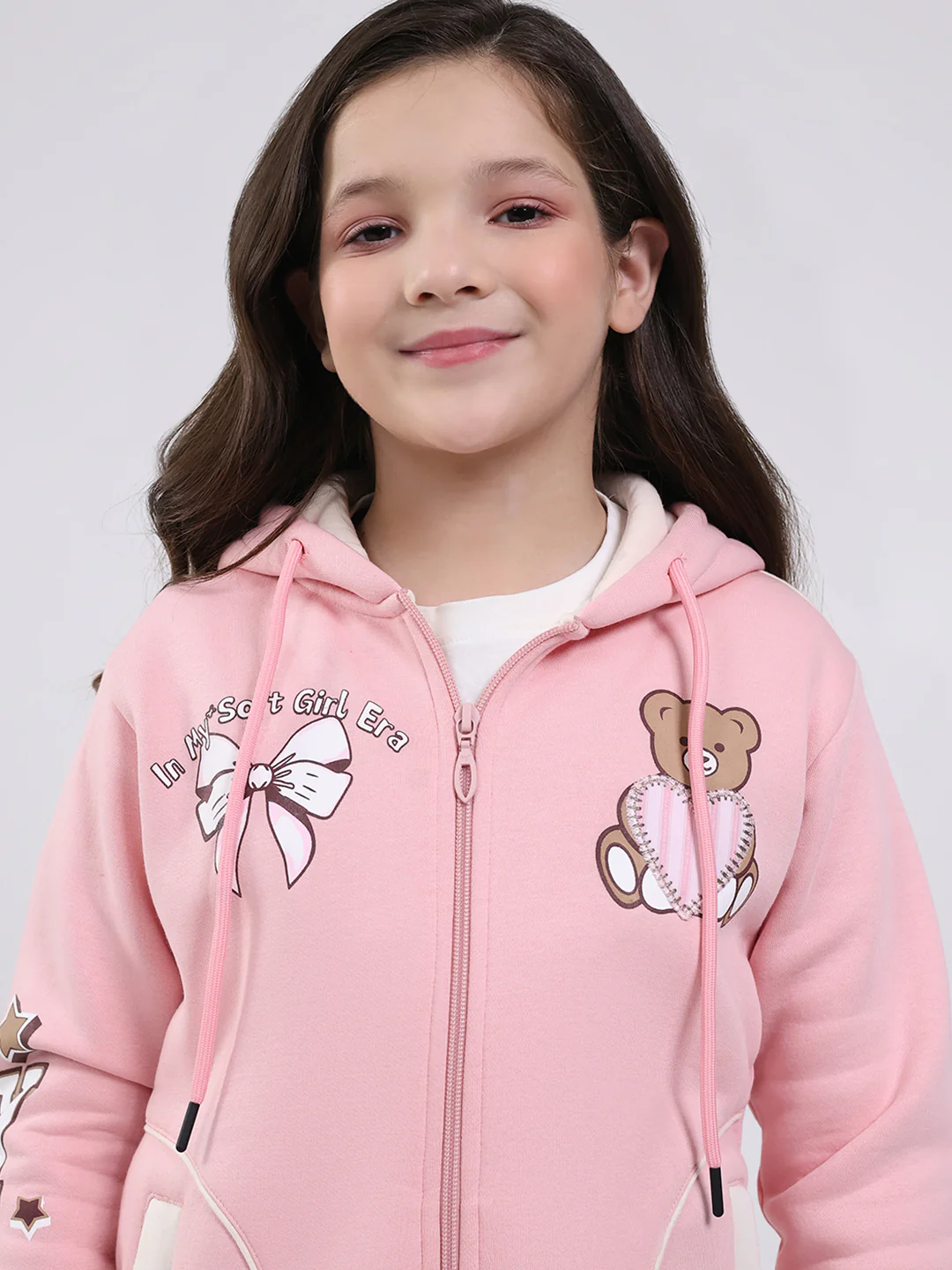 Girls Peach Printed Hooded Full Sleeve Sweatshirt - Image 7