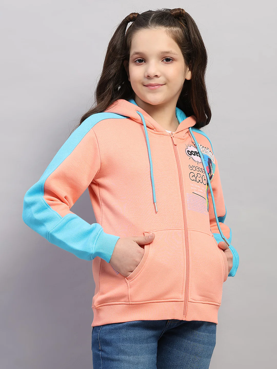 Girls Peach Printed Hooded Full Sleeve Sweatshirt - Image 4