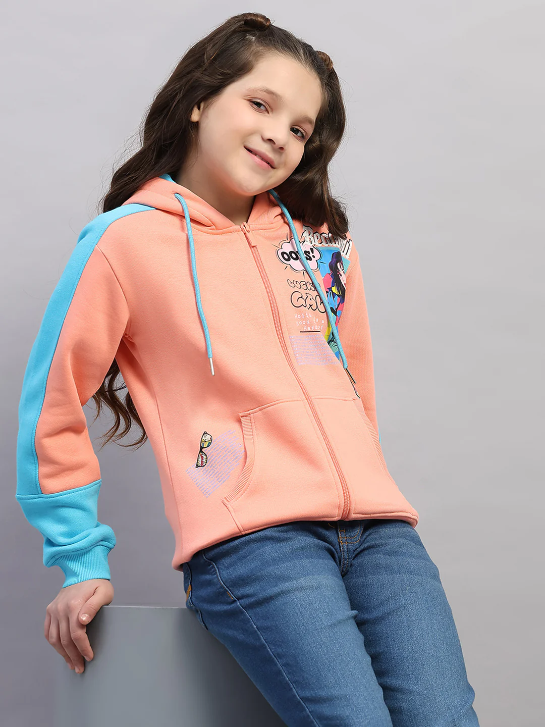 Girls Peach Printed Hooded Full Sleeve Sweatshirt - Image 6