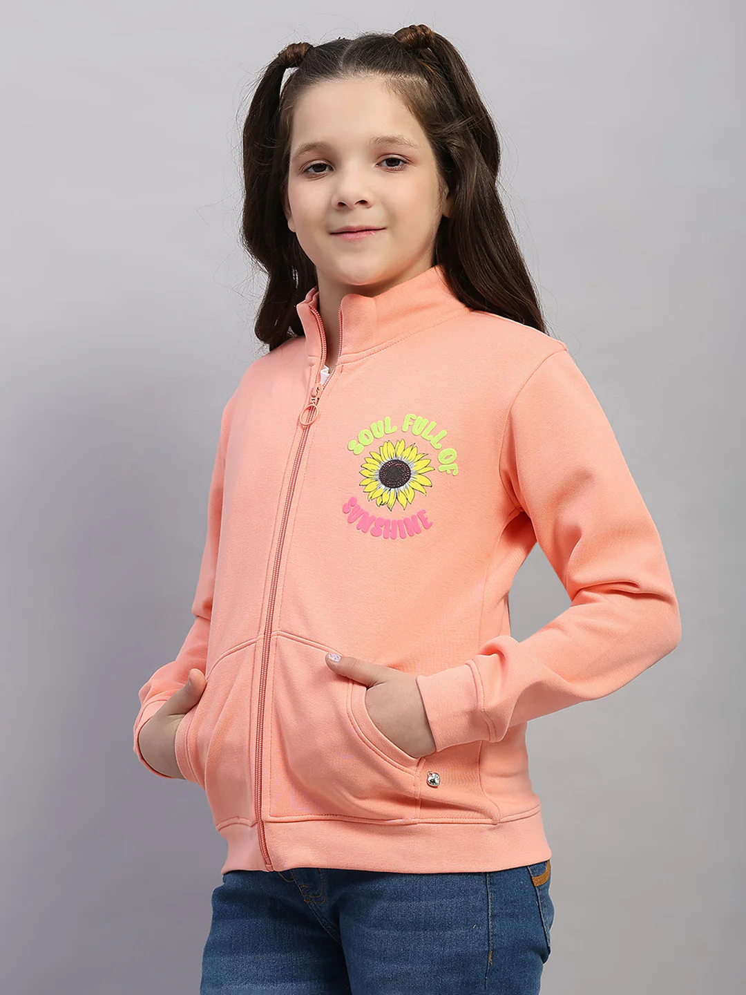 Girls Peach Printed Mock Neck Full Sleeve Sweatshirt - Image 3