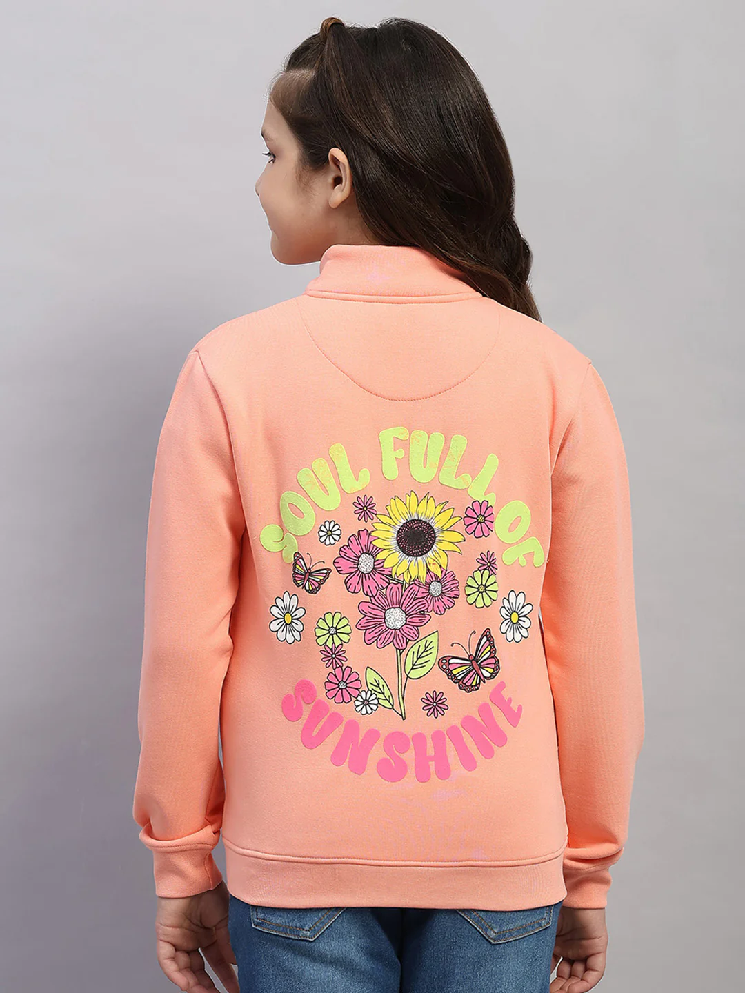 Girls Peach Printed Mock Neck Full Sleeve Sweatshirt - Image 5