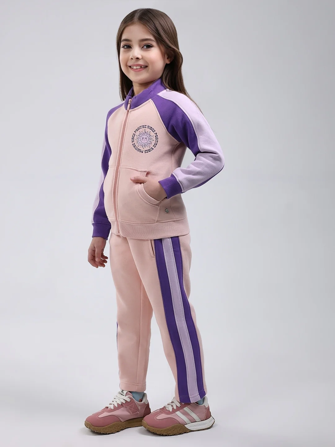 Girls Peach Printed Mock Neck Full Sleeve Tracksuit - Image 3