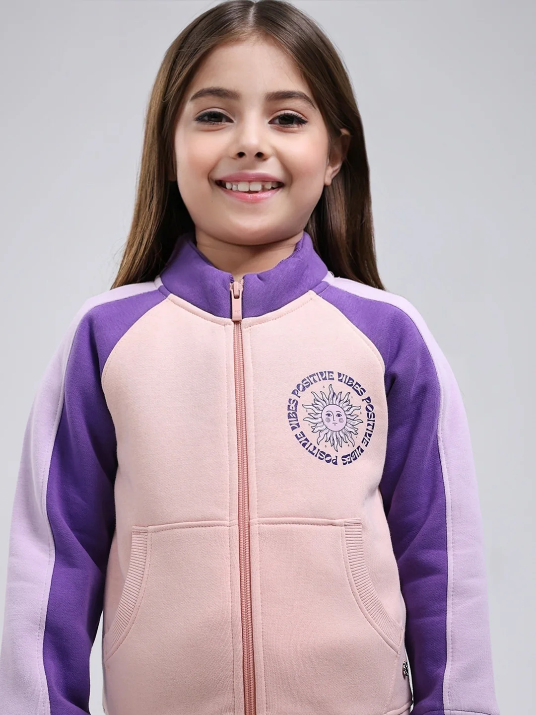 Girls Peach Printed Mock Neck Full Sleeve Tracksuit - Image 6