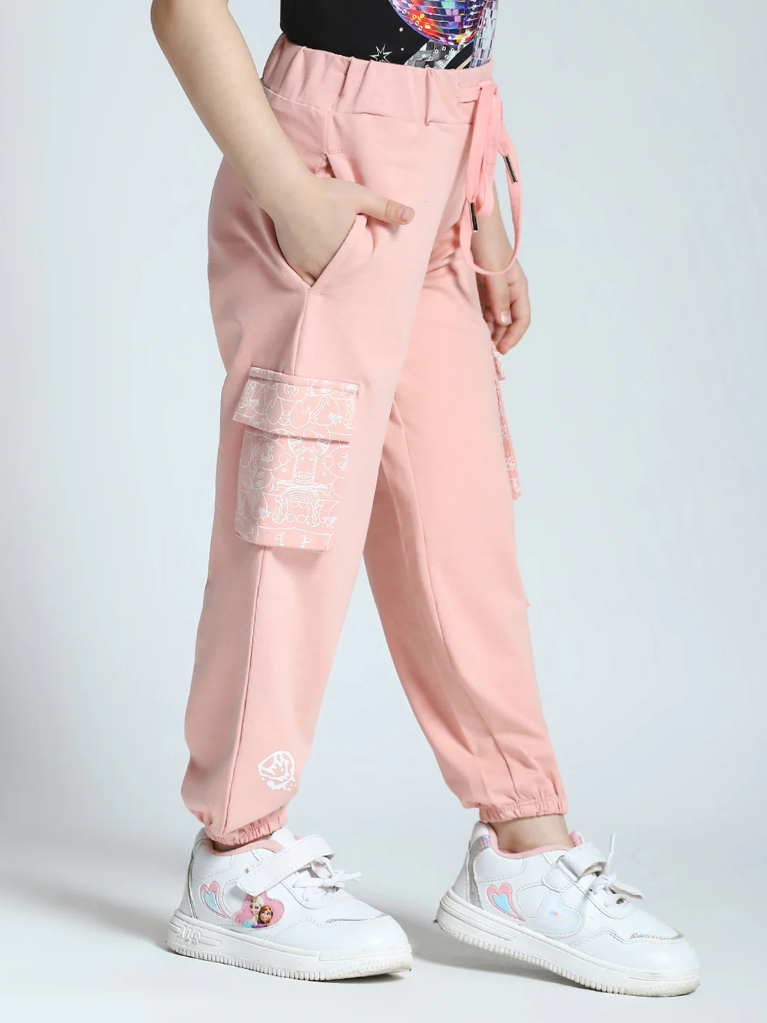 Girls Peach Printed Regular Fit Lower - Image 4
