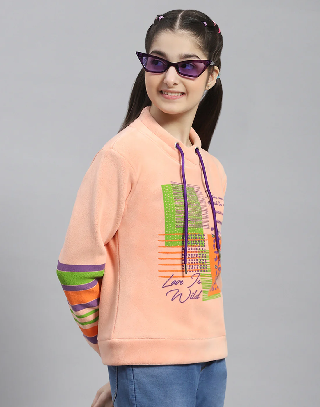 Girls Peach Printed Round Neck Full Sleeve Sweatshirt - Image 4