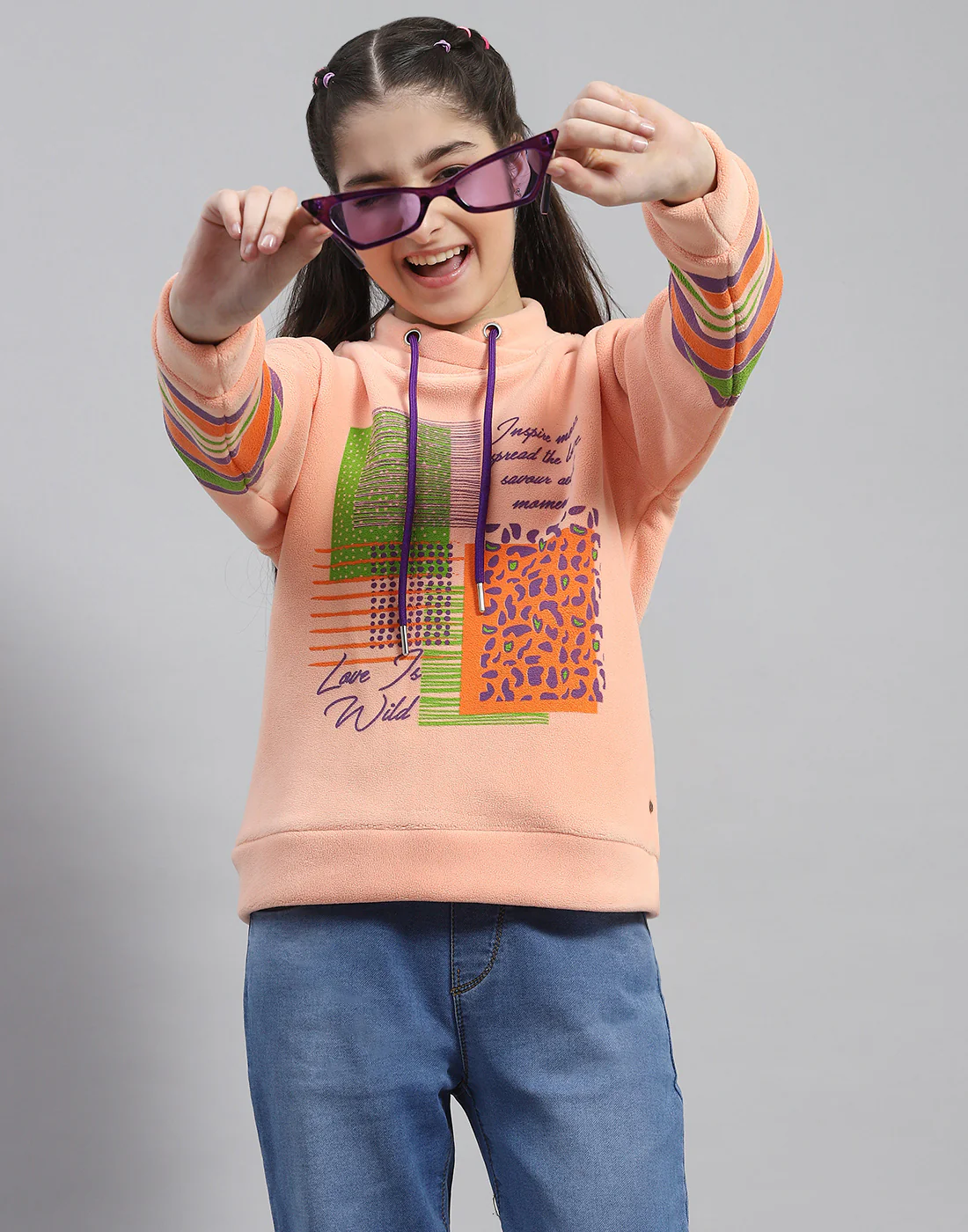 Girls Peach Printed Round Neck Full Sleeve Sweatshirt - Image 6