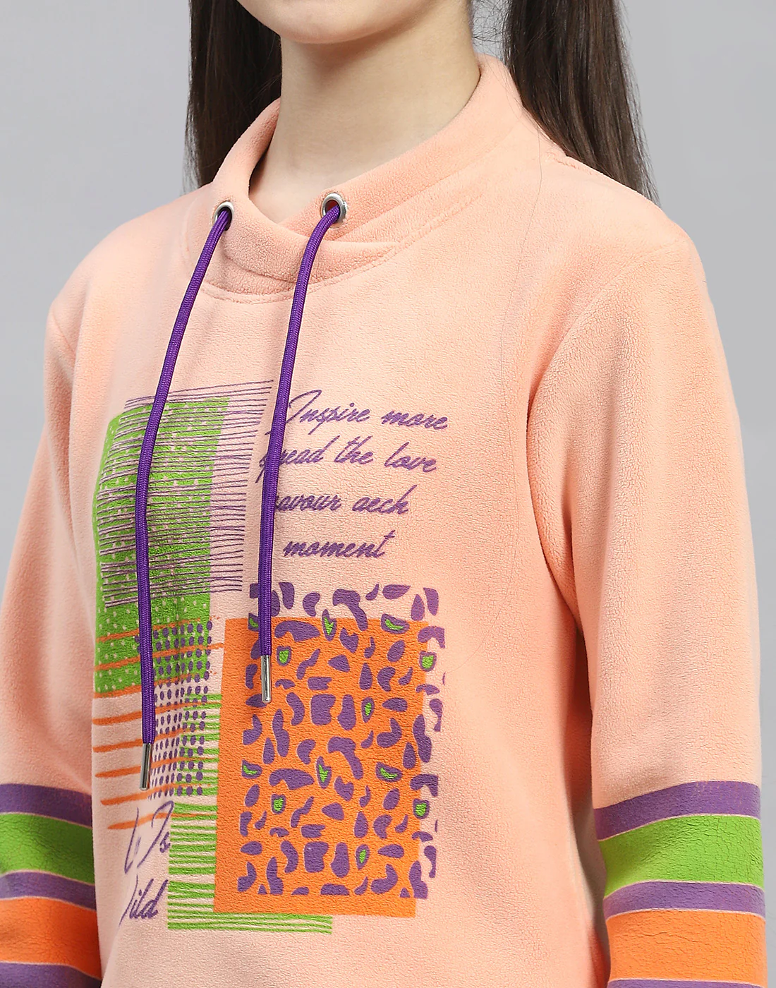 Girls Peach Printed Round Neck Full Sleeve Sweatshirt - Image 7
