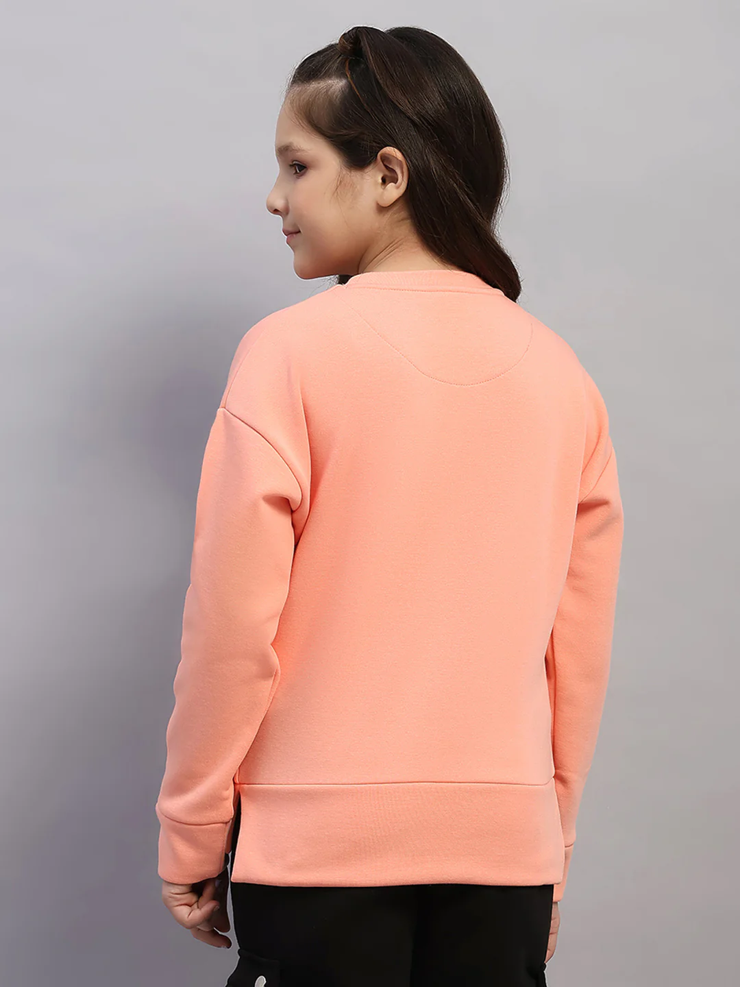 Girls Peach Printed Round Neck Full Sleeve Sweatshirt - Image 5